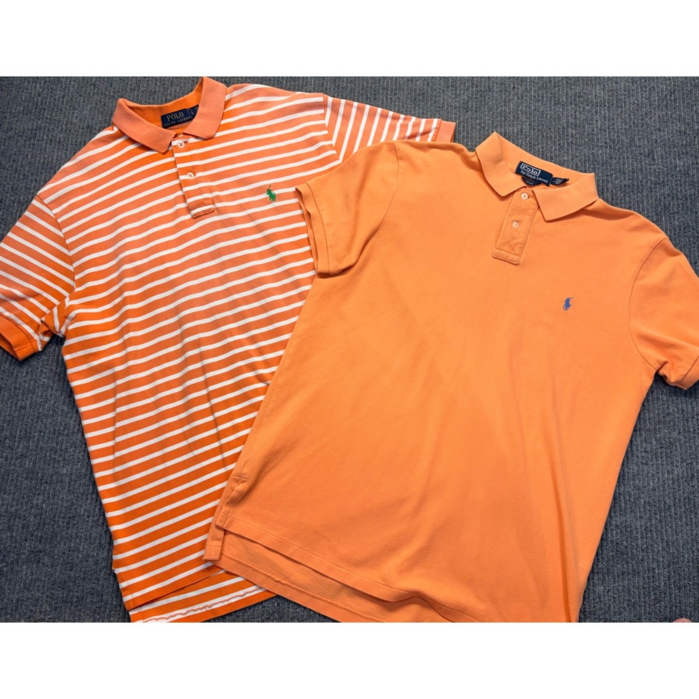 Lot of 2 Polo Ralph Lauren Mens Large Orange Solid and Striped Pique Polo Shirts